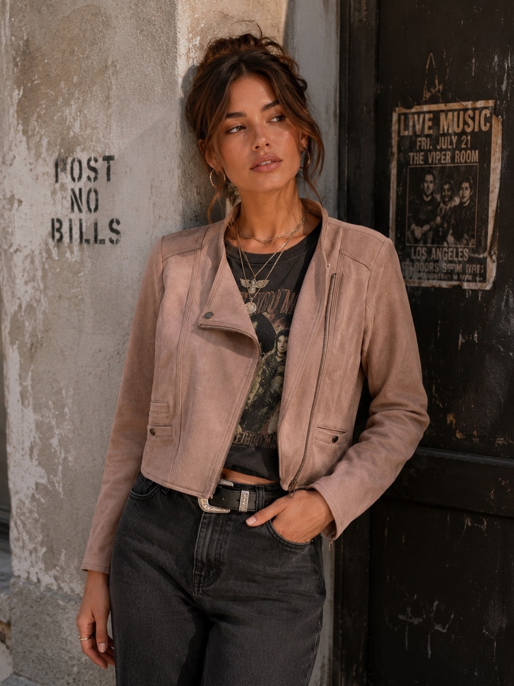 Haute Monde Blush Faux Suede Cropped Moto Biker Jacket w/Zippered Pocket Small